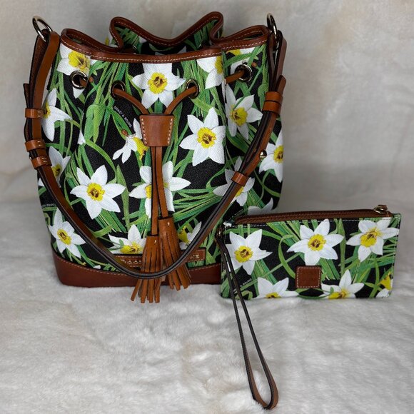 Dooney & Bourke Handbags - Dooney & Bourke Daffodils on Black Drawstring Bucket Bag With Matching Wristlet